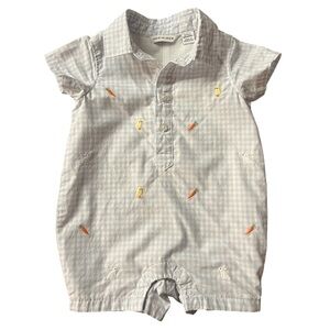Janie and Jack Gray Gingham Blue & White Romper with Embroidered Bunnies SZ 0-3M